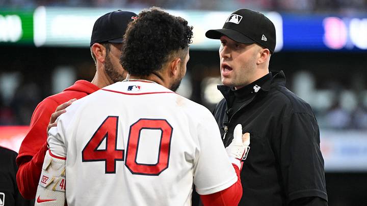 Jun 29, 2026; Boston, Massachusetts, USA; Boston Red Sox first baseman Willson Contreras (40) argues with umpire Nic Lentz after being ejected from a game against the Washington Nationals during the second inning at Fenway Park. Mandatory Credit: Brian Fluharty-Imagn Images