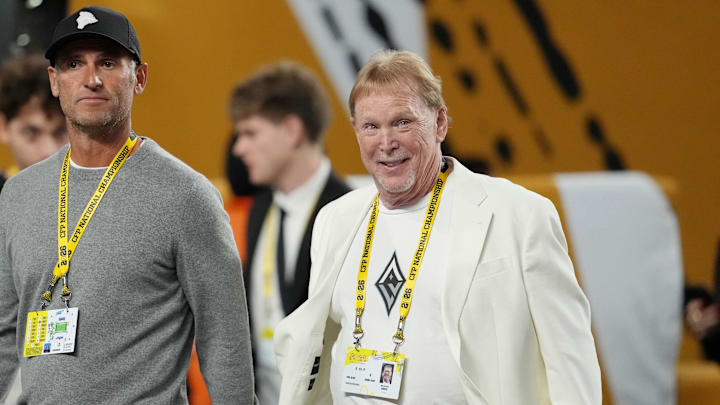 Jan 19, 2026; Miami Gardens, FL, USA; Las Vegas Raiders owner Mark Davis walks on the sideline before the CFP National Championship college football game between the Indiana Hoosiers and the Miami Hurricanes at Hard Rock Stadium. Mandatory Credit: Kirby Lee-Imagn Images