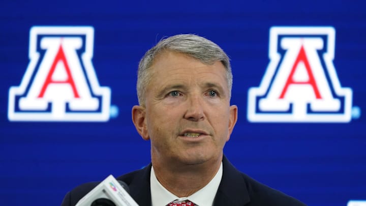 Jul 9, 2025; Frisco, TX, USA; Arizona head coach Brent Brennan speaks with the media during 2025 Big 12 Football Media Days at The Star. Mandatory Credit: Raymond Carlin III-Imagn Images