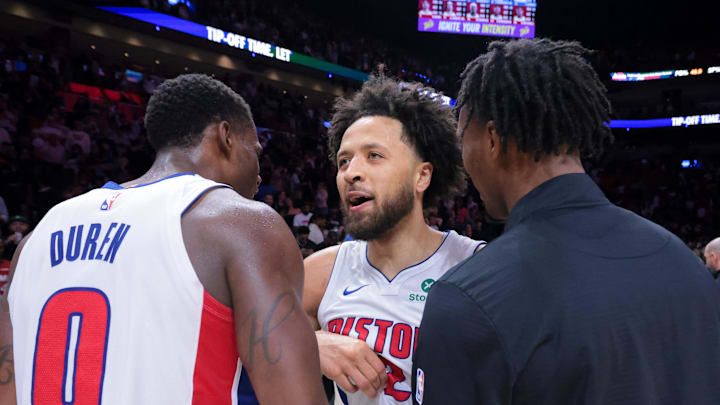 Mar 19, 2025; Miami, Florida, USA; Detroit Pistons guard Cade Cunningham (2) celebrates with center Jalen Duren (0) after the game against the Miami Heat at Kaseya Center. Mandatory Credit: Sam Navarro-Imagn Images