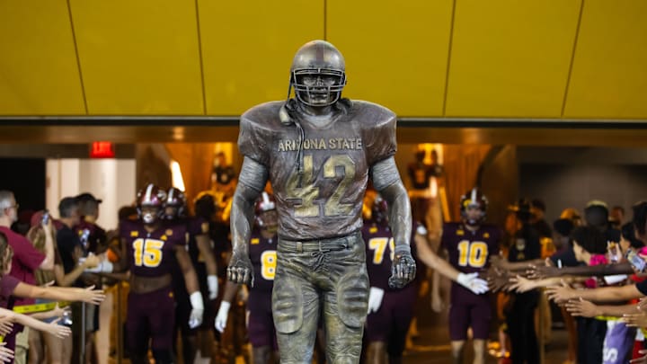 Oct 5, 2024; Tempe, Arizona, USA; Detailed view of the Pat Tillman statue at Mountain America Stadium prior to the football game between the Arizona State Sun Devils against the Kansas Jayhawks. Mandatory Credit: Mark J. Rebilas-Imagn Images
