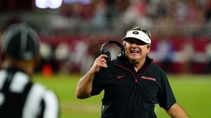 Sep 28, 2024; Tuscaloosa, Alabama, USA;  Georgia Bulldogs head coach Kirby Smart questions a call on a two point conversion against the Alabama Crimson Tide during the first half at Bryant-Denny Stadium. Mandatory Credit: John David Mercer-Imagn Images
