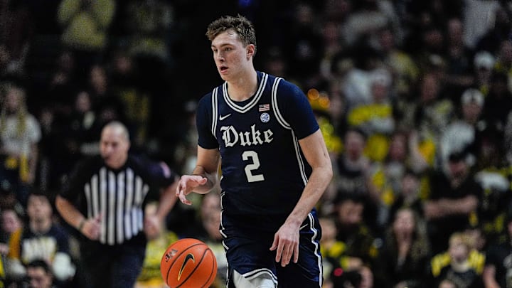 Jan 25, 2025; Winston-Salem, North Carolina, USA; Duke Blue Devils guard Cooper Flagg (2) handles the ball against the Wake Forest Demon Deacons during the second half at Lawrence Joel Veterans Memorial Coliseum. Mandatory Credit: Jim Dedmon-Imagn Images