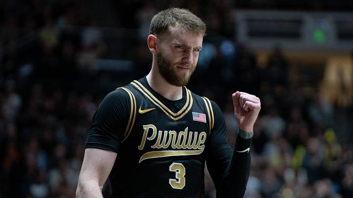 Mar 7, 2026; West Lafayette, Indiana, USA; Purdue Boilermakers guard Braden Smith (3) celebrates a referee call during the first half against the Wisconsin Badgers at Mackey Arena. Mandatory Credit: Jacob Musselman-Imagn Images