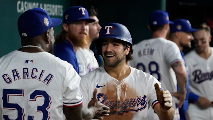 Texas Rangers shortstop Josh Smith celebrates his game-tying solo home run in the fourth inning Wednesday at Globe Life Field in Arlington. Texas Rangers shortstop Josh Smith celebrates his game-tying solo home run in the fourth inning Wednesday at Globe Life Field in Arlington.