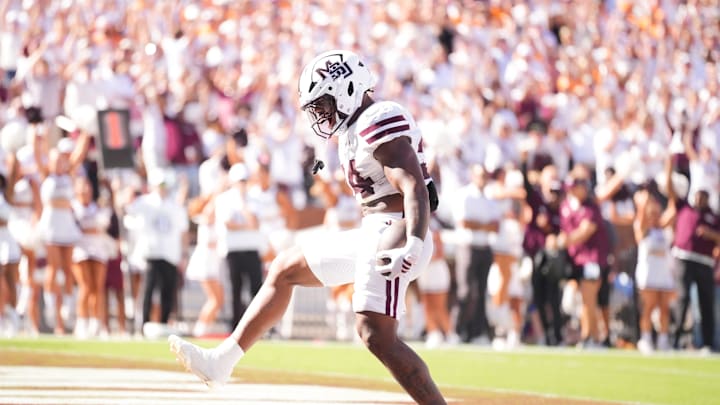 Mississippi State running back Fluff Bothwell (24) celebrates a touchdown during a college football game between Tennessee and Mississippi State at Davis Wade Stadium in Starkville, Miss., on Sept. 27, 2025.