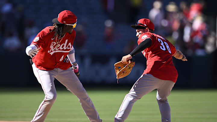 Cincinnati Reds shortstop Elly De La Cruz (44) and center fielder Mike Siani (38) celebrate after defeating the Los Angeles Angels at Angel Stadium on Aug. 23, 2023. Cincinnati Reds shortstop Elly De La Cruz (44) and center fielder Mike Siani (38) celebrate after defeating the Los Angeles Angels at Angel Stadium on Aug. 23, 2023.