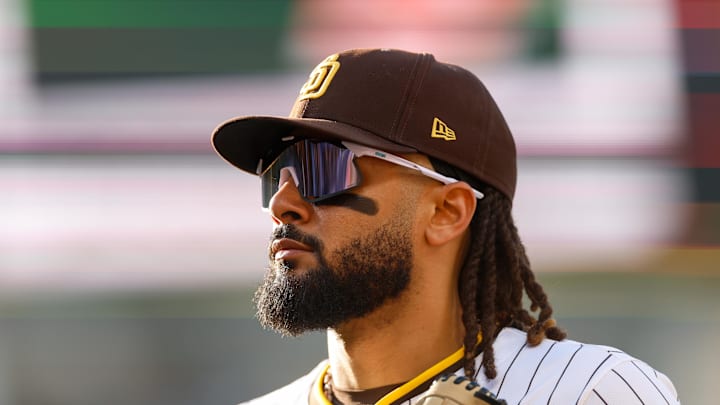 Jul 12, 2025; San Diego, California, USA; San Diego Padres right fielder Fernando Tatis Jr. (23) comes off the field during the sixth inning against the Philadelphia Phillies at Petco Park. Mandatory Credit: David Frerker-Imagn Images