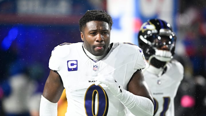 Jan 19, 2025; Orchard Park, New York, USA; Baltimore Ravens linebacker Roquan Smith (0) takes the field before the game against the Buffalo Bills in a 2025 AFC divisional round game at Highmark Stadium. Mandatory Credit: Mark Konezny-Imagn Images