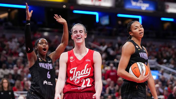 Indiana Fever guard Caitlin Clark (22) smiles Friday, May 22, 2026, during a game at Gainbridge Fieldhouse in Indianapolis. The Indiana Fever defeated the Golden State Valkyries, 90-82.