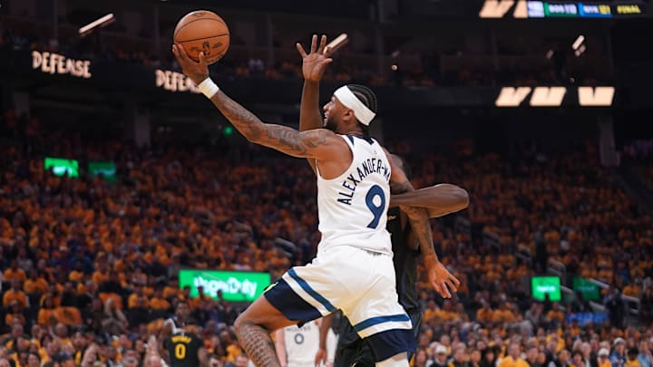 May 12, 2025; San Francisco, California, USA; Minnesota Timberwolves guard Nickeil Alexander-Walker (9) makes a layup against the Golden State Warriors in the first quarter during game four of the second round for the 2025 NBA Playoffs at Chase Center. Mandatory Credit: Cary Edmondson-Imagn Images