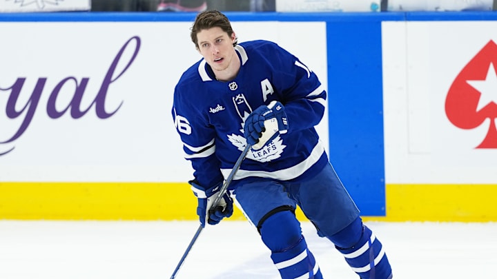 Apr 17, 2025; Toronto, Ontario, CAN; Toronto Maple Leafs right wing Mitch Marner (16) skates during the warmup before a game against the Detroit Red Wings at Scotiabank Arena. Mandatory Credit: Nick Turchiaro-Imagn Images