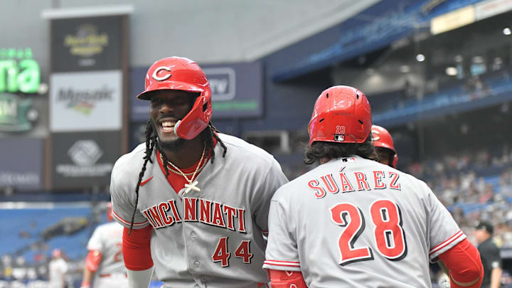 Apr 21, 2026; St. Petersburg, Florida, USA; Cincinnati Reds infielder Elly De La Cruz (44) celebrates after a home run against Tampa Bay Rays at Tropicana Field. Mandatory Credit: Pablo Robles-Imagn Images