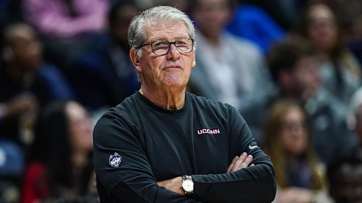 Feb 12, 2025; Storrs, Connecticut, USA; UConn Huskies head coach Geno Auriemma watches from the sideline as they take on the St. John's Red Storm at Harry A. Gampel Pavilion. Mandatory Credit: David Butler II-Imagn Images