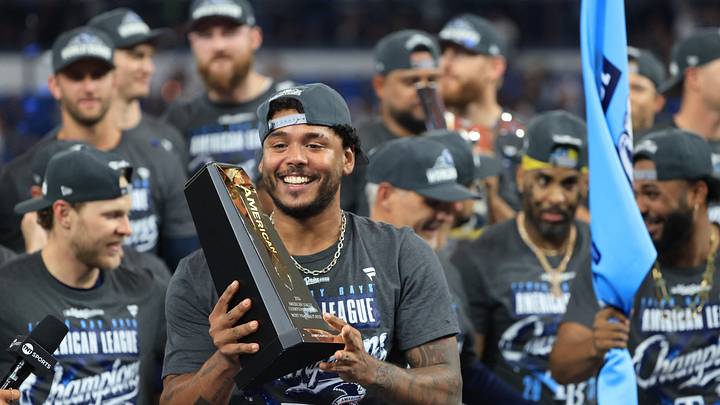 Oct 19, 2026; St. Petersburg, Florida, USA; Tampa Bay Rays pitcher Freddy Peralta (51) reacts after defeating the Cleveland Guardians in game six of the ALCS to advance to the World Series for the 2026 MLB Playoffs at Tropicana Field. Mandatory Credit: Kim Klement Neitzel-Imagn Images Oct 19, 2026; St. Petersburg, Florida, USA; Tampa Bay Rays pitcher Freddy Peralta (51) reacts after defeating the Cleveland Guardians in game six of the ALCS to advance to the World Series for the 2026 MLB Playoffs at Tropicana Field. Mandatory Credit: Kim Klement Neitzel-Imagn Images