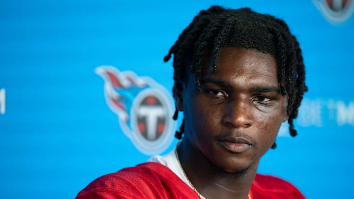 Cam Ward fields questions from the media after the Tennessee Titans first day of training camp.
