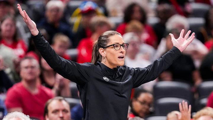 Indiana Fever head coach Stephanie White reacts to the action Friday, Sept. 5, 2025, during a game between the Indiana Fever and the Chicago Sky at Gainbridge Fieldhouse in Indianapolis.
