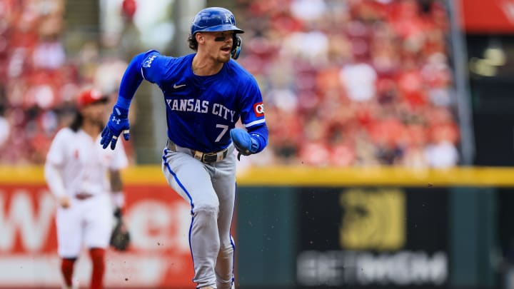 Aug 18, 2024; Cincinnati, Ohio, USA; Kansas City Royals shortstop Bobby Witt Jr. (7) scores on a sacrifice fly hit by first baseman Salvador Perez (not pictured) in the third inning against the Cincinnati Reds at Great American Ball Park. Mandatory Credit: Katie Stratman-USA TODAY Sports