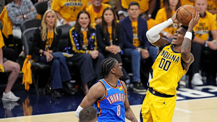 Indiana Pacers guard Bennedict Mathurin (00) shoots the ball against Oklahoma City Thunder forward Jalen Williams.