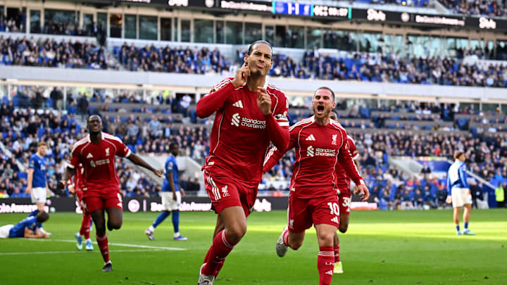 Virgil van Dijk celebrates after scoring the winner against Everton