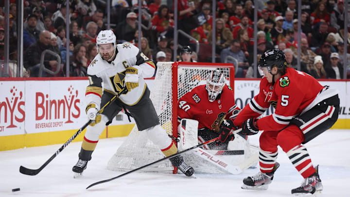 Jan 4, 2026; Chicago, Illinois, USA; Vegas Golden Knights right wing Mark Stone (61) and Chicago Blackhawks defenseman Connor Murphy (5) battle for control of the puck during the second period at United Center. Mandatory Credit: Talia Sprague-Imagn Images Jan 4, 2026; Chicago, Illinois, USA; Vegas Golden Knights right wing Mark Stone (61) and Chicago Blackhawks defenseman Connor Murphy (5) battle for control of the puck during the second period at United Center. Mandatory Credit: Talia Sprague-Imagn Images
