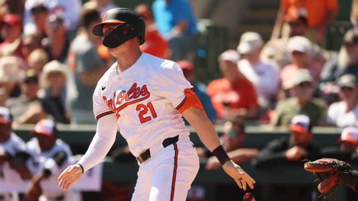Feb 24, 2024; Sarasota, Florida, USA; Baltimore Orioles left fielder Austin Hays (21)