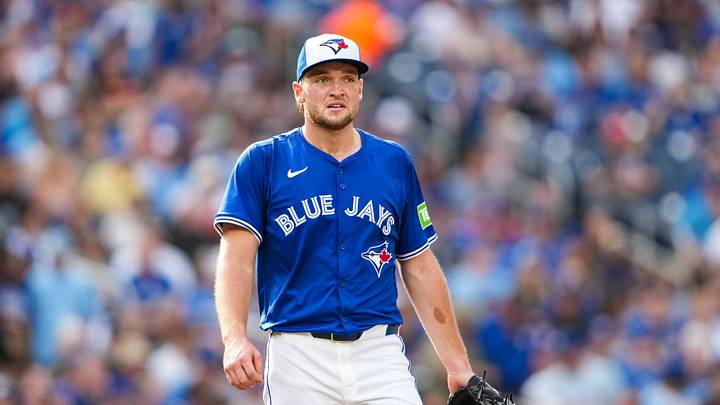 Sep 27, 2025; Toronto, Ontario, CAN; Toronto Blue Jays pitcher Trey Yesavage (39) looks on against the Tampa Bay Rays during the fifth inning at Rogers Centre. Mandatory Credit: Kevin Sousa-Imagn Images