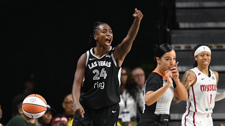 Jul 10, 2025; Washington, District of Columbia, USA; Las Vegas Aces guard Jewell Loyd (24) reacts after a call against the Washington Mystics during the fourth quarter at EagleBank Arena. Mandatory Credit: Rafael Suanes-Imagn Images Jul 10, 2025; Washington, District of Columbia, USA; Las Vegas Aces guard Jewell Loyd (24) reacts after a call against the Washington Mystics during the fourth quarter at EagleBank Arena. Mandatory Credit: Rafael Suanes-Imagn Images