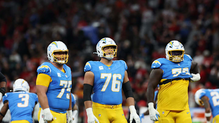 [US, Mexico & Canada customers only] Sep 5, 2025; Sao Paulo, BRAZIL;  Los Angeles Chargers center Bradley Bozeman (75) and offensive tackle Joe Alt (76) before a NFL game at Corinthians Arena. Mandatory Credit: Amanda Perobelli/Reuters via Imagn Images