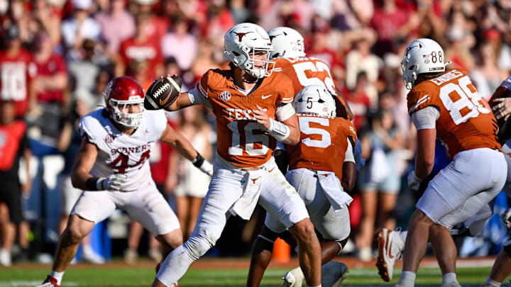 Oct 11, 2025; Dallas, Texas, USA; Texas Longhorns quarterback Arch Manning (16) looks to throw the ball during the game between the Texas Longhorns and the Oklahoma Sooners at the Cotton Bowl. Mandatory Credit: Jerome Miron-Imagn Images