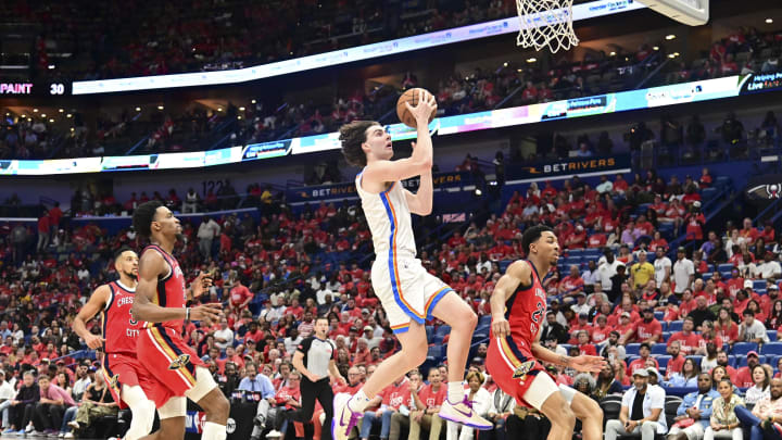 Apr 27, 2024; New Orleans, Louisiana, USA; Oklahoma City Thunder Guard Josh Giddey (3) goes up for a