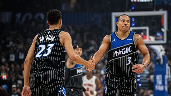 May 1, 2026; Orlando, Florida, USA; Orlando Magic guard Desmond Bane (3) celebrates with Orlando Magic forward Tristan da Silva (23) in the second quarter against the Detroit Pistons during game six of the first round of the 2026 NBA Playoffs at Kia Center. Mandatory Credit: Jeremy Reper-Imagn Images
