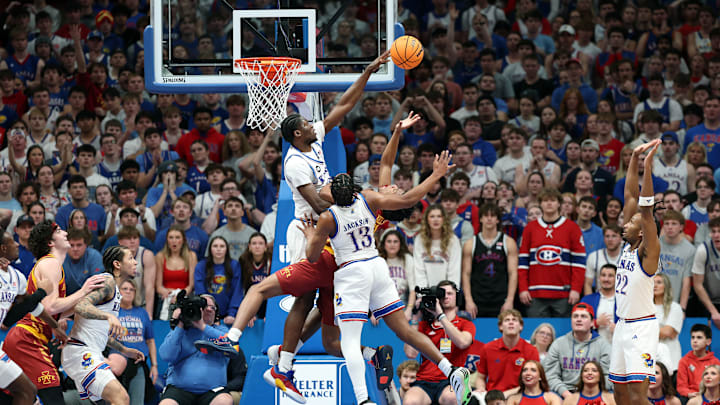 Jan. 13, 2026; Kansas forward Flory Bidunga blocks a shot from Iowa State guard Dominick Nelson in Tuesday's 84-63 win over No. 2 Iowa State.