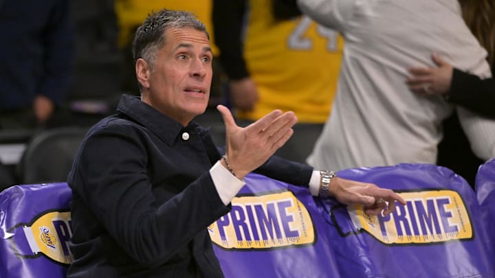 Nov 21, 2024; Los Angeles, California, USA;  Los Angeles Lakers general manager Rob Pelinka looks on as players warm up prior to the game against the Orlando Magic at Crypto.com Arena. Mandatory Credit: Jayne Kamin-Oncea-Imagn Images