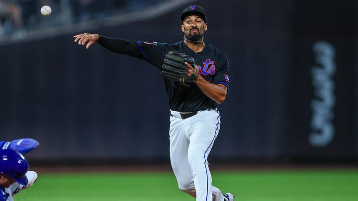 Jun 24, 2026; New York City, New York, USA;  New York Mets second baseman Marcus Semien (10) turns a double play during the sixth inning against the Chicago Cubs at Citi Field. Mandatory Credit: Vincent Carchietta-Imagn Images