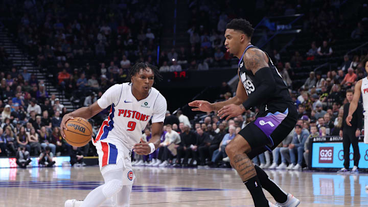 Mar 3, 2025; Salt Lake City, Utah, USA; Detroit Pistons forward Ausar Thompson (9) dribbles the ball against Utah Jazz forward KJ Martin (99) during the first half at Delta Center. Mandatory Credit: Rob Gray-Imagn Images Mar 3, 2025; Salt Lake City, Utah, USA; Detroit Pistons forward Ausar Thompson (9) dribbles the ball against Utah Jazz forward KJ Martin (99) during the first half at Delta Center. Mandatory Credit: Rob Gray-Imagn Images