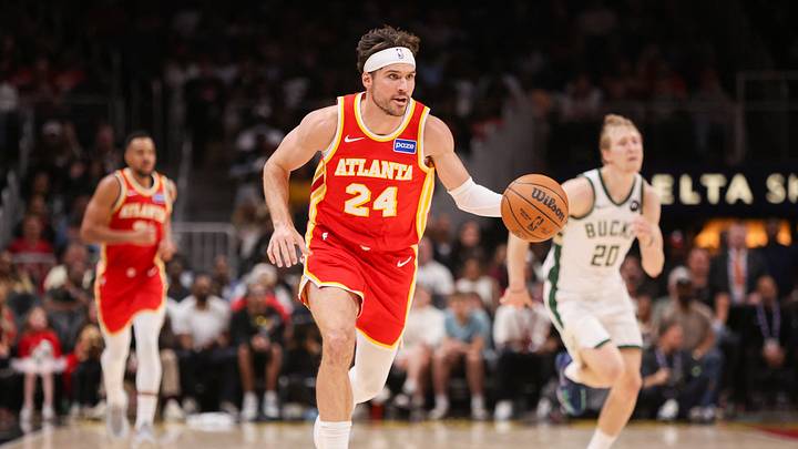 Mar 14, 2026; Atlanta, Georgia, USA; Atlanta Hawks forward Corey Kispert (24) dribbles against the Milwaukee Bucks in the fourth quarter at State Farm Arena. Mandatory Credit: Brett Davis-Imagn Images
