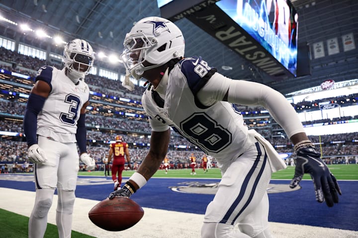 Dallas Cowboys wide receiver Ceedee Lamb celebrates after scoring a touchdown against the Washington Commanders 