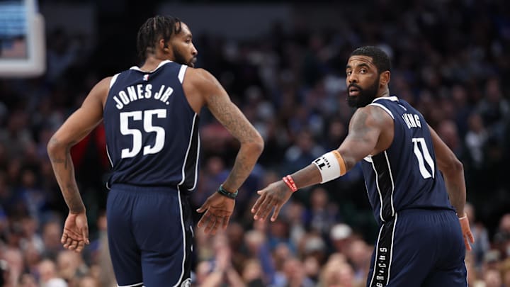 Jan 11, 2024; Dallas, Texas, USA;  Dallas Mavericks forward Derrick Jones Jr. (55) celebrates with Dallas Mavericks guard Kyrie Irving (11) during the second half against the New York Knicks at American Airlines Center. Mandatory Credit: Kevin Jairaj-USA TODAY Sports