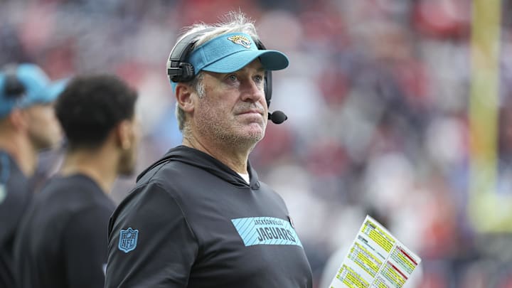 Sep 29, 2024; Houston, Texas, USA; Jacksonville Jaguars head coach Doug Pederson looks on during the fourth quarter against the Houston Texans at NRG Stadium. Mandatory Credit: Troy Taormina-Imagn Images