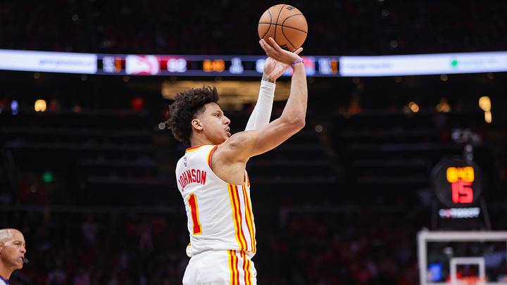 Apr 23, 2026; Atlanta, Georgia, USA; Atlanta Hawks forward Jalen Johnson (1) shoots against the New York Knicks in the fourth quarter during game three of the first round of the 2026 NBA Playoffs at State Farm Arena. Mandatory Credit: Brett Davis-Imagn Images Apr 23, 2026; Atlanta, Georgia, USA; Atlanta Hawks forward Jalen Johnson (1) shoots against the New York Knicks in the fourth quarter during game three of the first round of the 2026 NBA Playoffs at State Farm Arena. Mandatory Credit: Brett Davis-Imagn Images