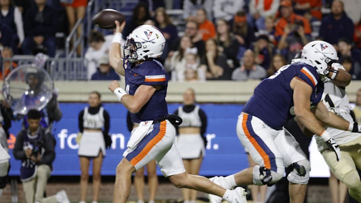 Nov 8, 2025; Charlottesville, Virginia, USA; Virginia Cavaliers quarterback Chandler Morris (4) throws the ball against the Wake Forest Demon Deacons during the first half at Scott Stadium. Mandatory Credit: Amber Searls-Imagn Images Nov 8, 2025; Charlottesville, Virginia, USA; Virginia Cavaliers quarterback Chandler Morris (4) throws the ball against the Wake Forest Demon Deacons during the first half at Scott Stadium. Mandatory Credit: Amber Searls-Imagn Images