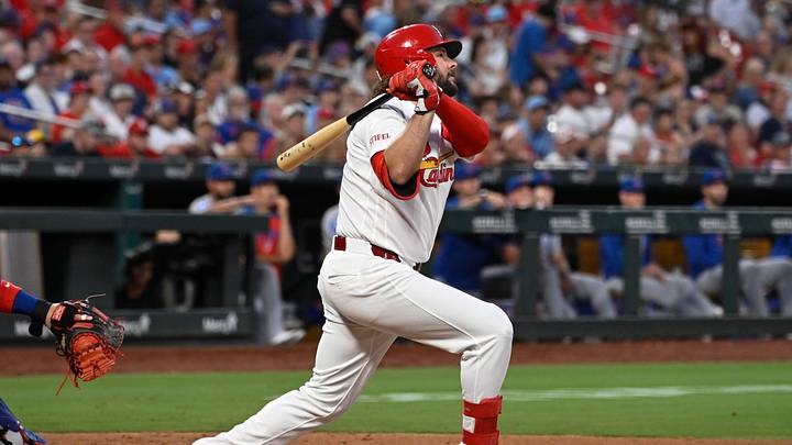 Jul 29, 2026; St. Louis, Missouri, USA; St. Louis Cardinals first baseman Alec Burleson (41) hits a single against the Chicago Cubs in the sixth inning at Busch Stadium. Mandatory Credit: Joe Puetz-Imagn Images Jul 29, 2026; St. Louis, Missouri, USA; St. Louis Cardinals first baseman Alec Burleson (41) hits a single against the Chicago Cubs in the sixth inning at Busch Stadium. Mandatory Credit: Joe Puetz-Imagn Images