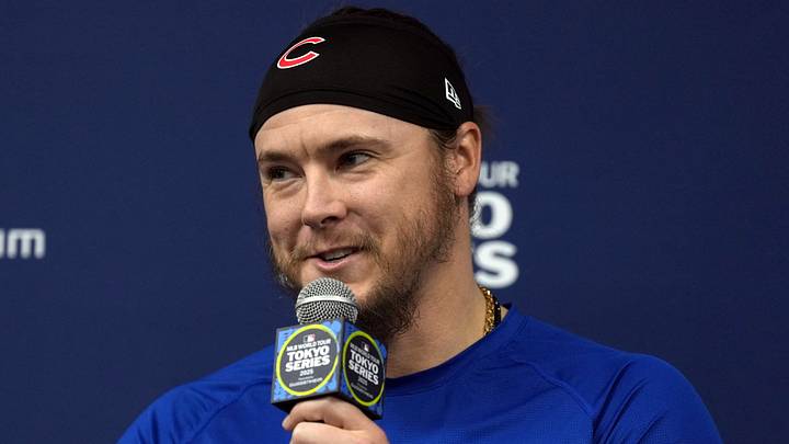 Mar 18, 2025; Bunkyo, Tokyo, JPN; Chicago Cubs pitcher Justin Steele (35) talks to media members before the game against the Los Angeles Dodgers during the Tokyo Series 