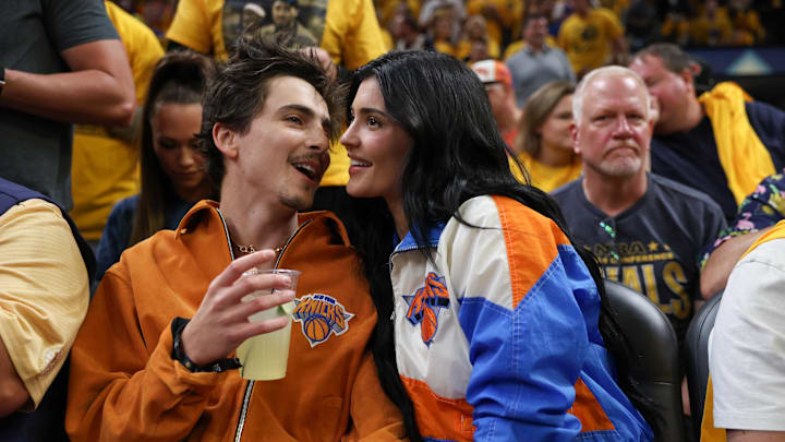 May 31, 2025; Indianapolis, Indiana, USA; Timothee Chalamet and Kylie Jenner are seen in attendance during game six of the eastern conference finals between the Indiana Pacers and the New York Knicks for the 2025 NBA Playoffs at Gainbridge Fieldhouse. Mandatory Credit: Trevor Ruszkowski-Imagn Images