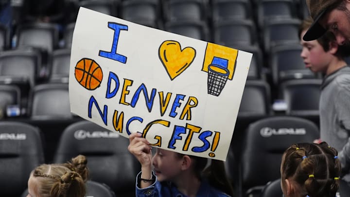 Apr 6, 2025; Denver, Colorado, USA; Denver Nuggets fans before the game against the Indiana Pacers at Ball Arena. Mandatory Credit: Ron Chenoy-Imagn Images
