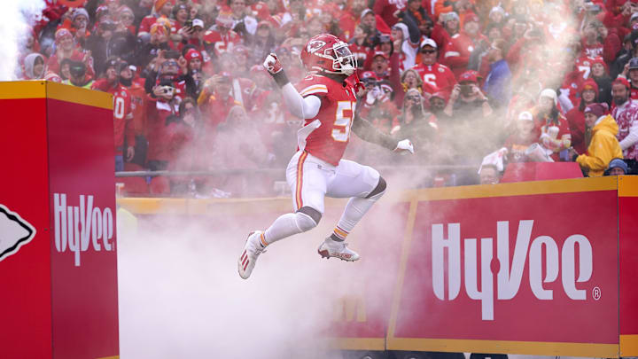 Kansas City Chiefs middle linebacker Willie Gay Jr. (50) is introduced before the first quarter during the AFC championship NFL football game against the Cincinnati Bengals, Sunday, Jan. 30, 2022