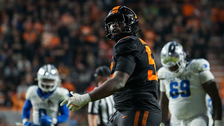 Tennessee defensive lineman Omarr Norman-Lott (55) is in disbelief after he receives a flag for a tackle during a NCAA football game between Tennessee and Kentucky in Neyland Stadium on Saturday, Nov. 2, 2024.