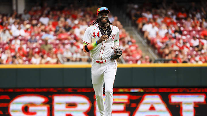Sep 22, 2024; Cincinnati, Ohio, USA; Cincinnati Reds shortstop Elly De La Cruz (44) runs off the field in the fourth inning against the Pittsburgh Pirates at Great American Ball Park. Mandatory Credit: Katie Stratman-Imagn Images