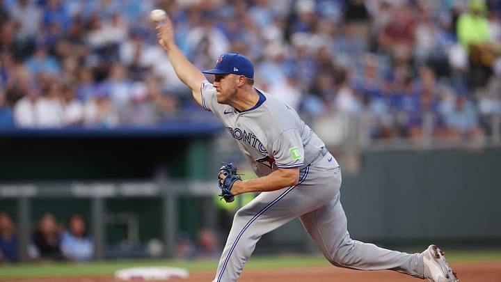 Sep 4, 2026; Kansas City, Missouri, USA;  Toronto Blue Jays pitcher Jameson Taillon (56) pitches during the first inning against the Kansas City Royals at Kauffman Stadium.  Mandatory Credit: William Purnell-Imagn Images